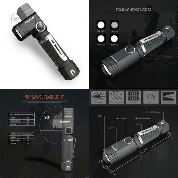 Mini 90 Degree NICRON N7 600 Lumens Tactical Waterproof Led 4 Modes Flashlight (Battery not included)