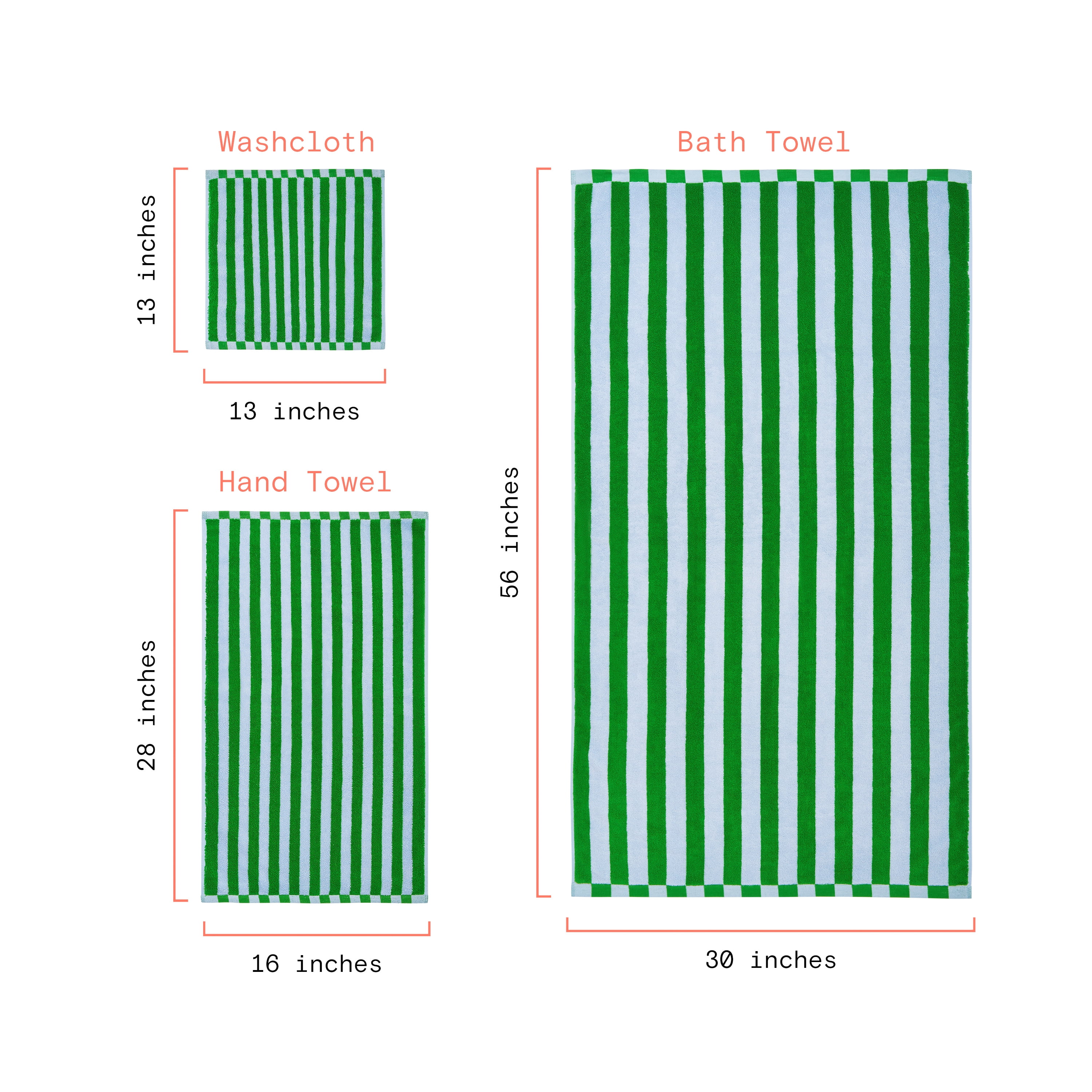 Beautiful by Drew Barrymore 6-Piece Stripe Hem Bath Towel Set, Soft 100% Cotton, Green