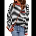 thumbnail image 1 of Suéter de Punto Suave A Rayas para Mujer, Camisa Holgada con Bolsillo en el Pecho. Rojo Naranja L, 1 of 5