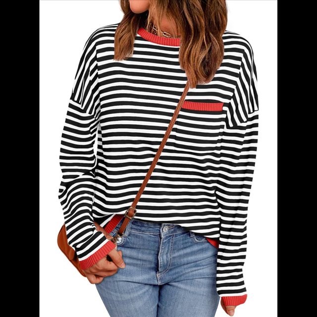 Suéter de Punto Suave A Rayas para Mujer, Camisa Holgada con Bolsillo en el Pecho. Rojo Naranja L
