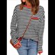 thumbnail image 1 of Suéter de Punto Suave A Rayas para Mujer, Camisa Holgada con Bolsillo en el Pecho. Rojo Naranja L, 1 of 5