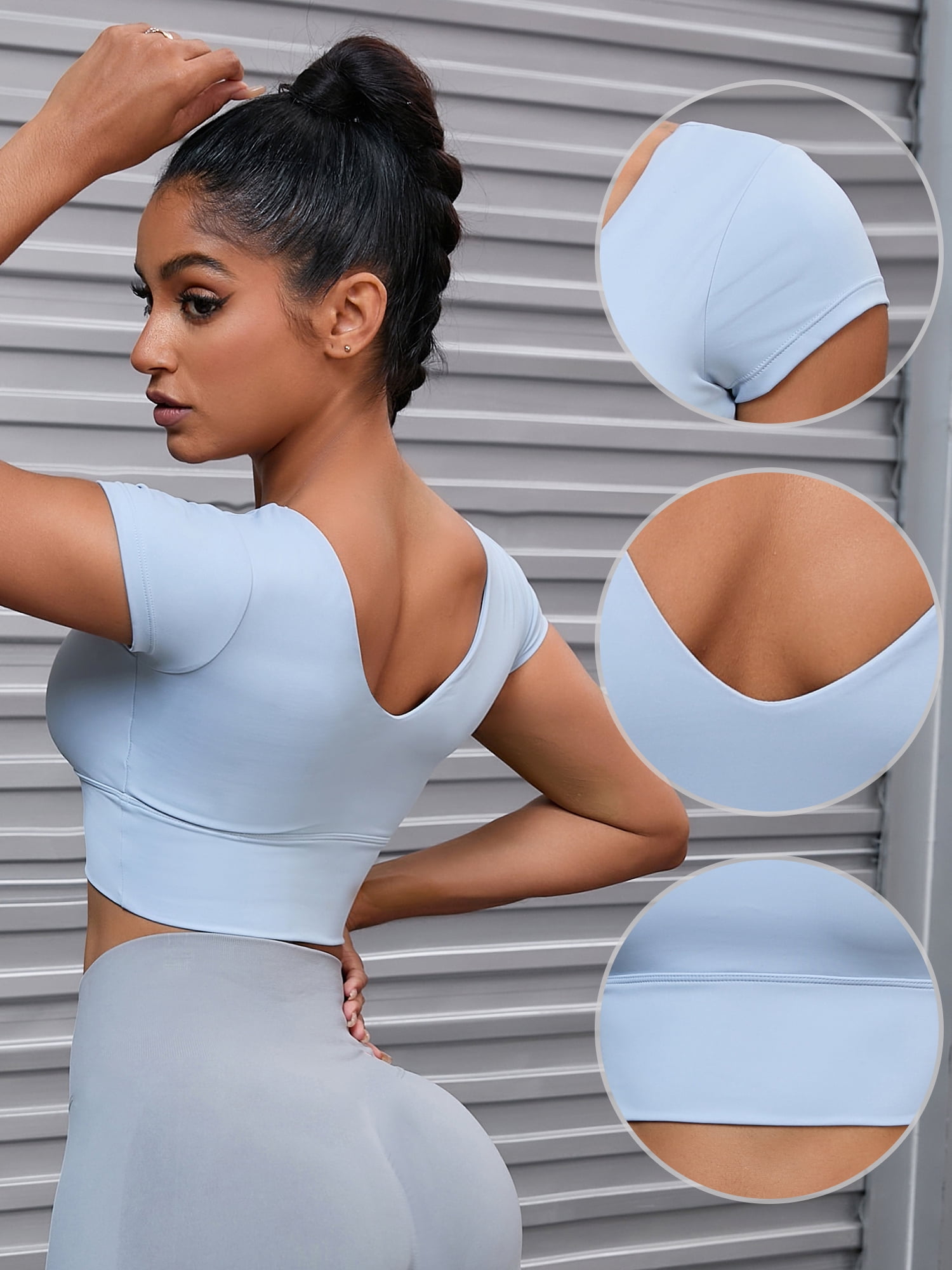 Unique Bargains Women's U Neck Short Sleeve T Shirt Workout Top With Bulit In Bra M Blue