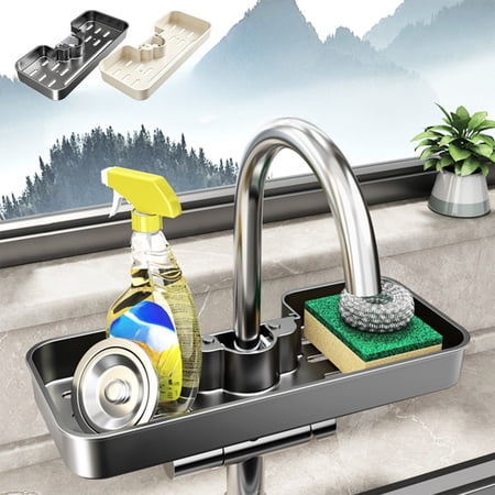 Shower Caddy Organizer Tray with Hooks for Sponges Soap & Bottles No Drill Faucet Mount Storage Shelf for Kitchen Sink & Gray by IHXORA