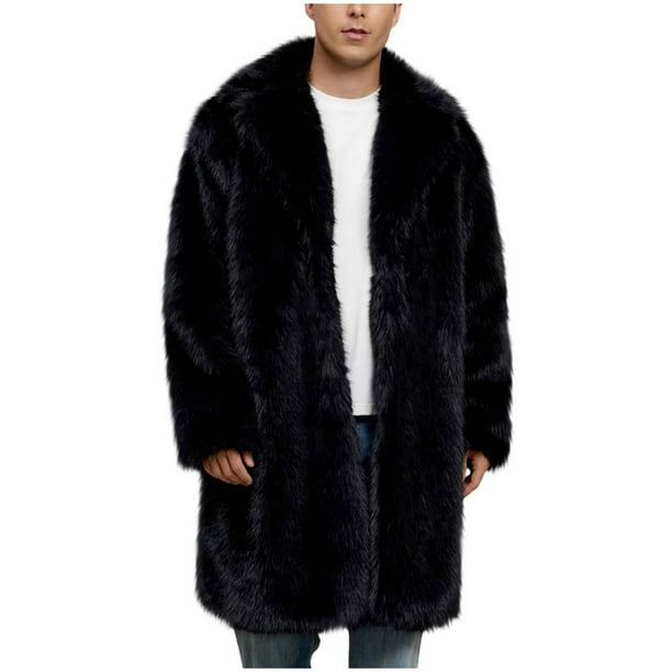 Kalauyu Men's Faux Fur Coat Winter Long Faux Coat Fluffy Thick Trench Coat for Men