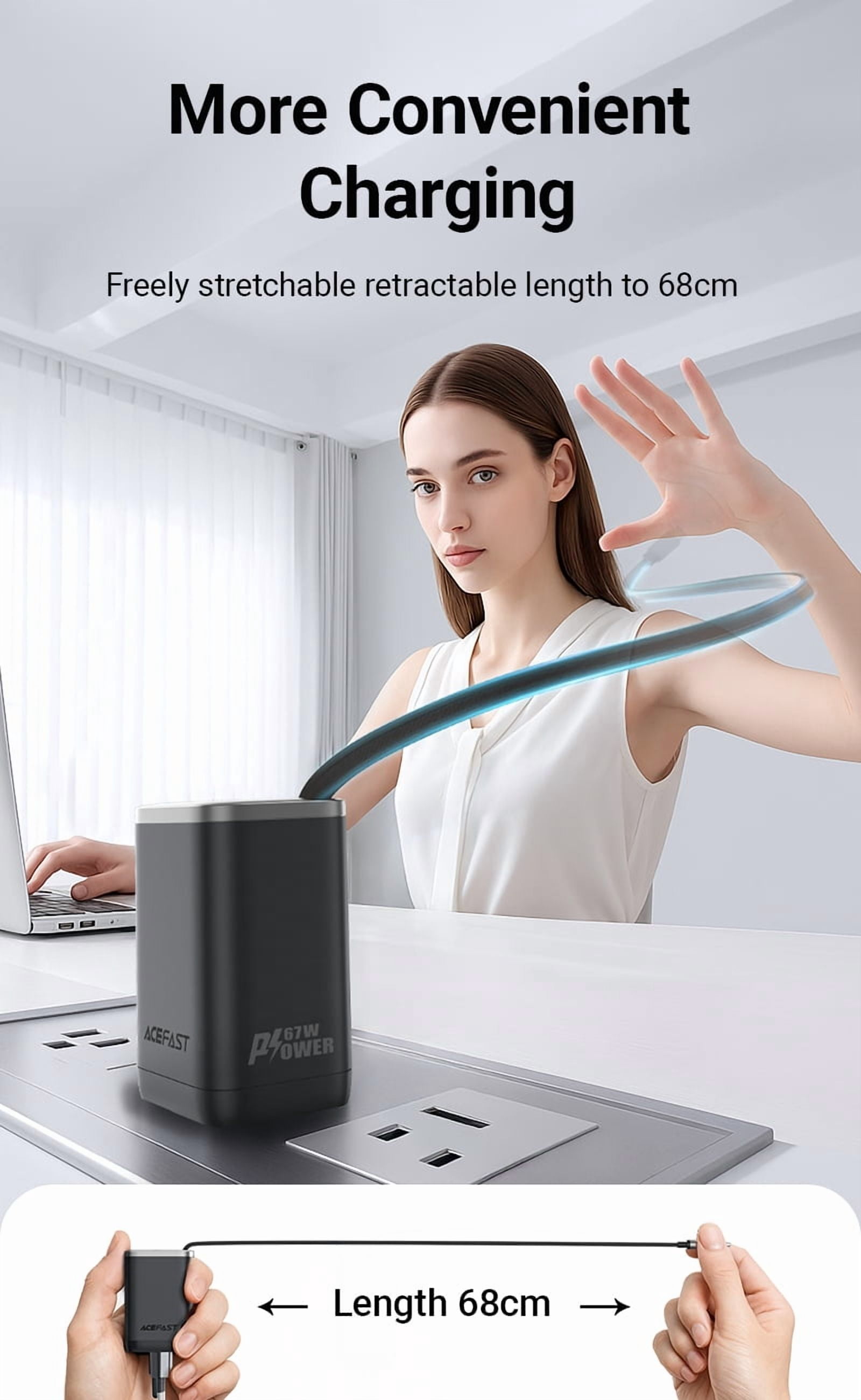 ACEFAST 67W GaN Charger (2×USB-C + USB-A) with 65cm Retractable Cable PD FFast Charging for Laptop/Tablet/Phone