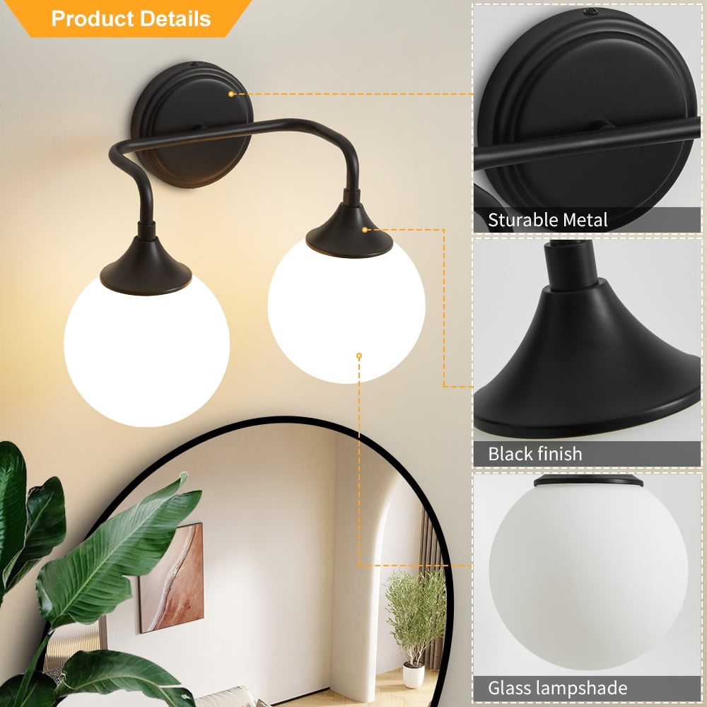 Deyidn 2-Light Black Modern Vanity Light, 14 Inch Dimmable Bathroom Light Fixture with Opal Glass Globes for Mirror