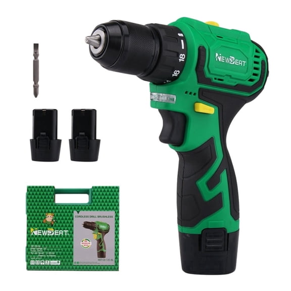 NEWBEAT 12V Brushless Cordless Drill Driver Kit, 3/8" Keyless Chuck Drill with Two 2.0Ah Batteries