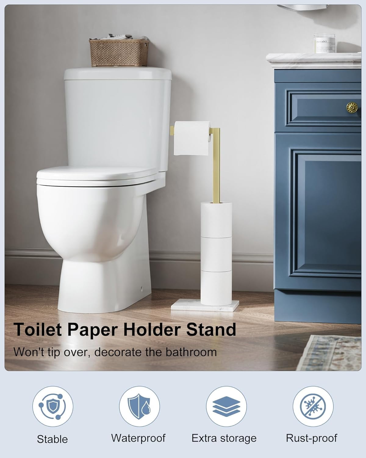 Toilet Paper Holder Stand Brushed Gold SUS 304 Stainless Steel Rustproof Free Standing 22 Inch Rotating Bathroom Tissue Roll For 4 Rolls With Marble Base