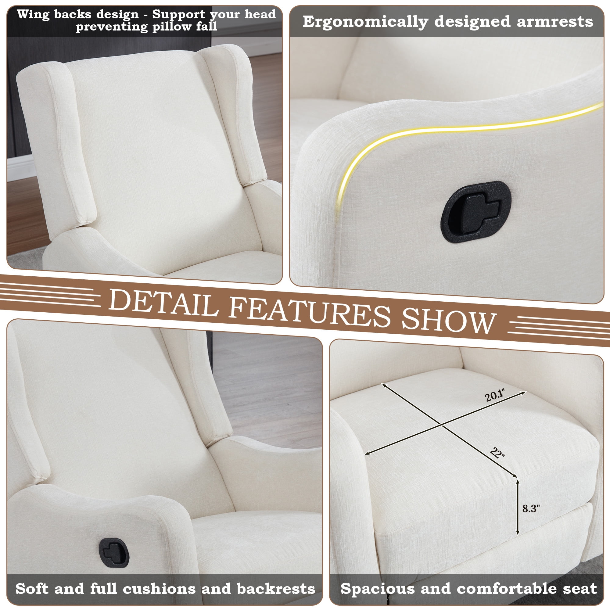 Lunale Swivel Glider Rocking Chair for Nursery, Wingback Upholstered Glider Rocker for Living Room, Beige Chenille Fabric
