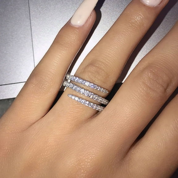 925 Sterling Silver Shiny Full Diamond Ring Three Rows Cubic Zirconia Cocktail Rings Diamond Multi Row Ring Eternity Engagement Wedding Band Ring for Women