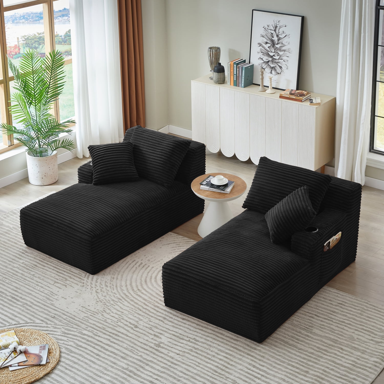 Lisonu Black Corduroy Double Chaise Sleeper Loveseat with Cupholders — No Assembly, Compressed Expandable Sofa with Spring Padding, Plush Modern Fluffy 2-Seat for Living Room & Bedroom