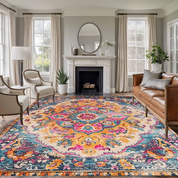 Blue Pink Large Area Rug 8x10 FT, Non Slip Living Room Throw Carpet, Boho Middle Century Geometric Abstract Washable Soft Indoor Outdoor Carpet Non-Shedding Rug for Bedroom Dining Room