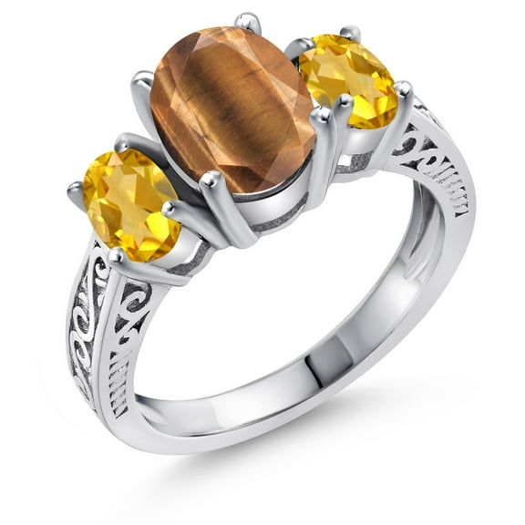 Gem Stone King 2.40 Ct Oval Brown Tiger Eye Yellow Citrine 925 Sterling Silver Ring (Size 8)