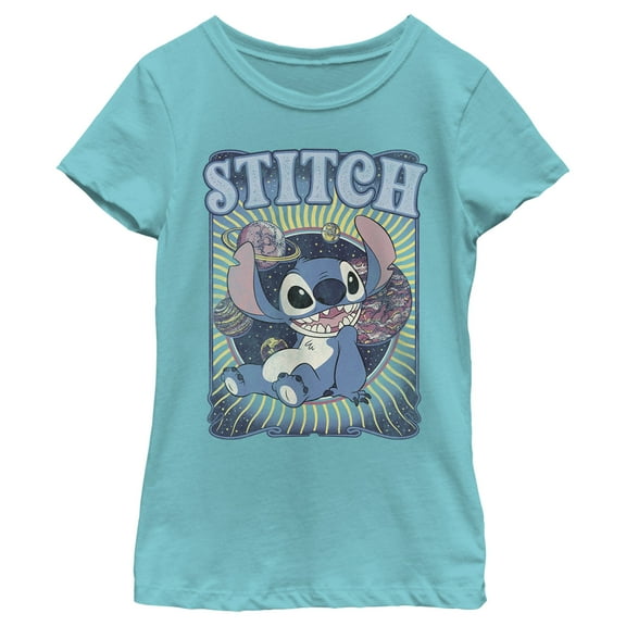 Girl's Lilo & Stitch Groovy Planets Stitch Graphic Tee Tahiti Blue Large