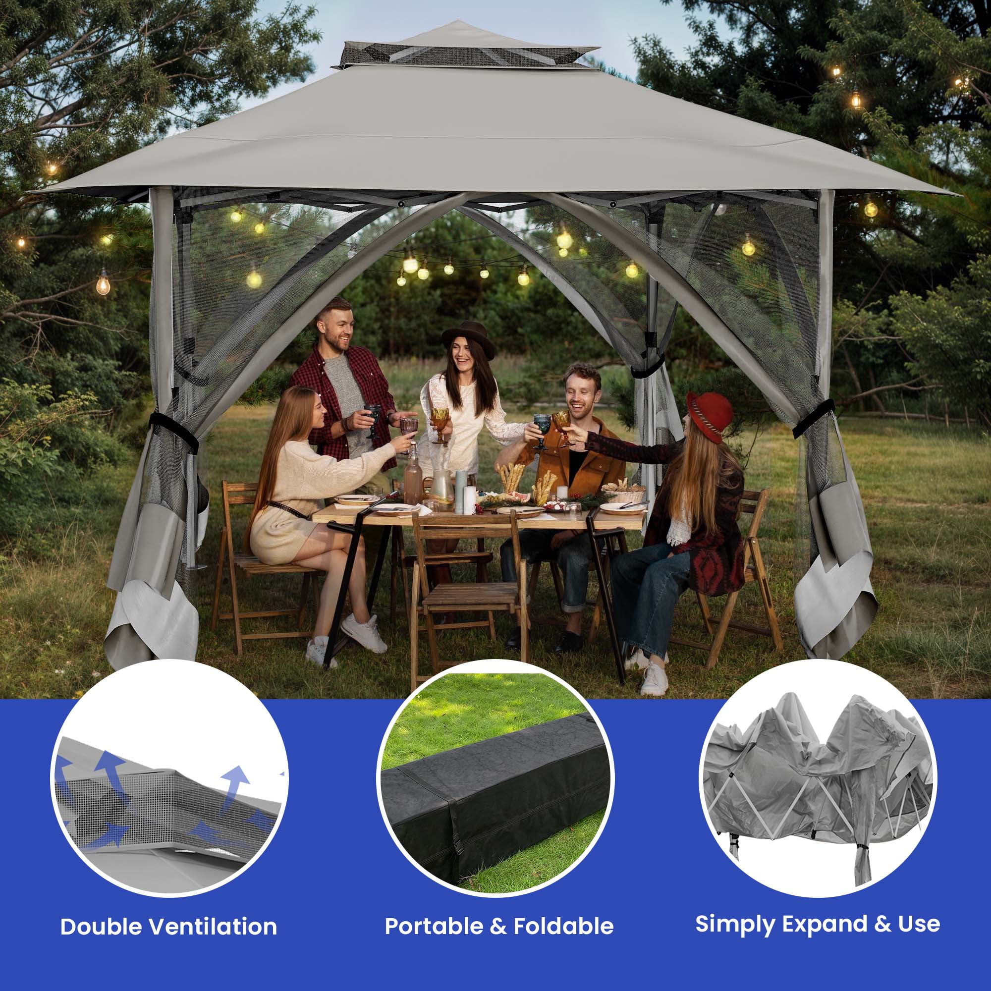 Uforic 13'x13' Pop Up Gazebo, Outdoor Double Roof Gazebo Tent with Netting Walls, Double Vented Roof Canopy, Beige