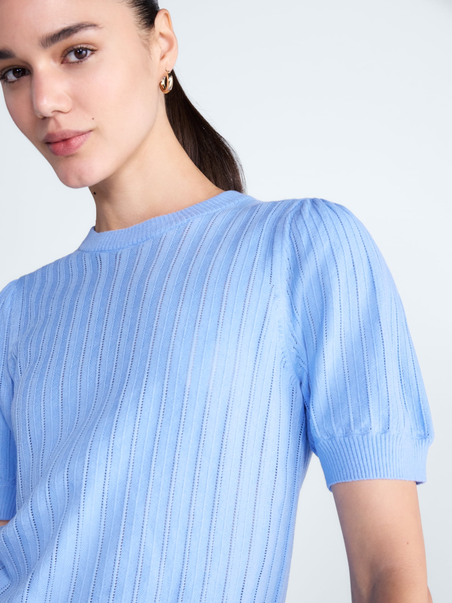Free Assembly Women’s and Women's Plus Pointelle Sweater with Puff Sleeves, Sizes XS-4X