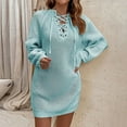 thumbnail image 4 of Women's V Neck Long Sleeve Knit Dress Stretch Elasticity Lace Up Sweater Casual Loose Pullover Mini Sweater Dress, 4 of 9