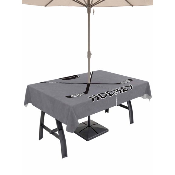 Outdoor Tablecloth with Umbrella Hole and Zipper, Gray Hockey Rectangle Table Cloth 60x84 Inch Waterproof Tablecloth, Modern Art Vintage Hockey Ball Sports Picnic Table Cover for Patio Camping