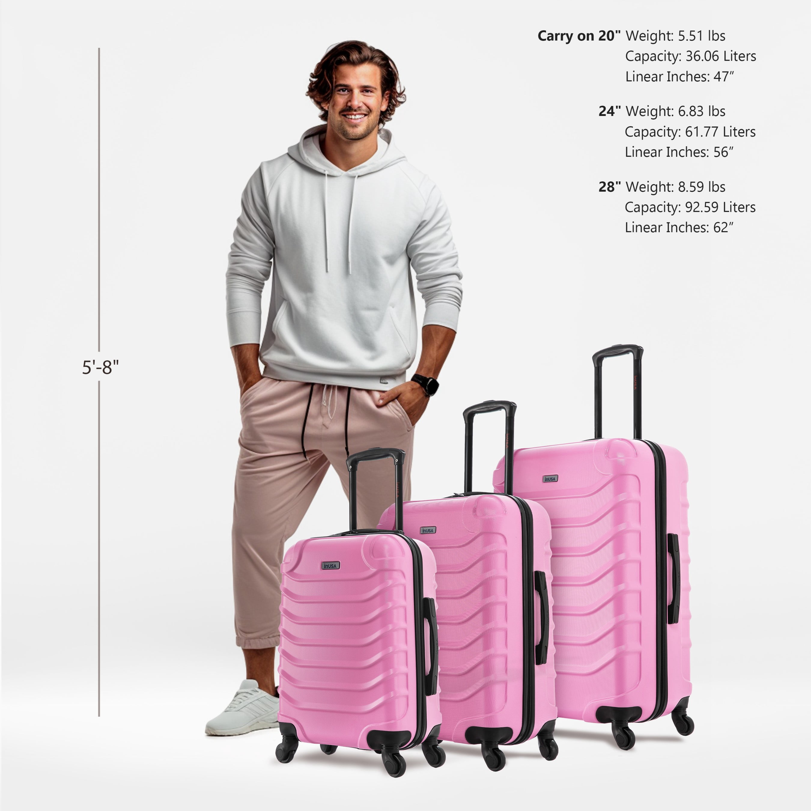 InUSA Endurance 3-Piece Hardside Luggage Sets with Spinner Wheels, Handle, Trolley, (20"/24"/28"), Pink