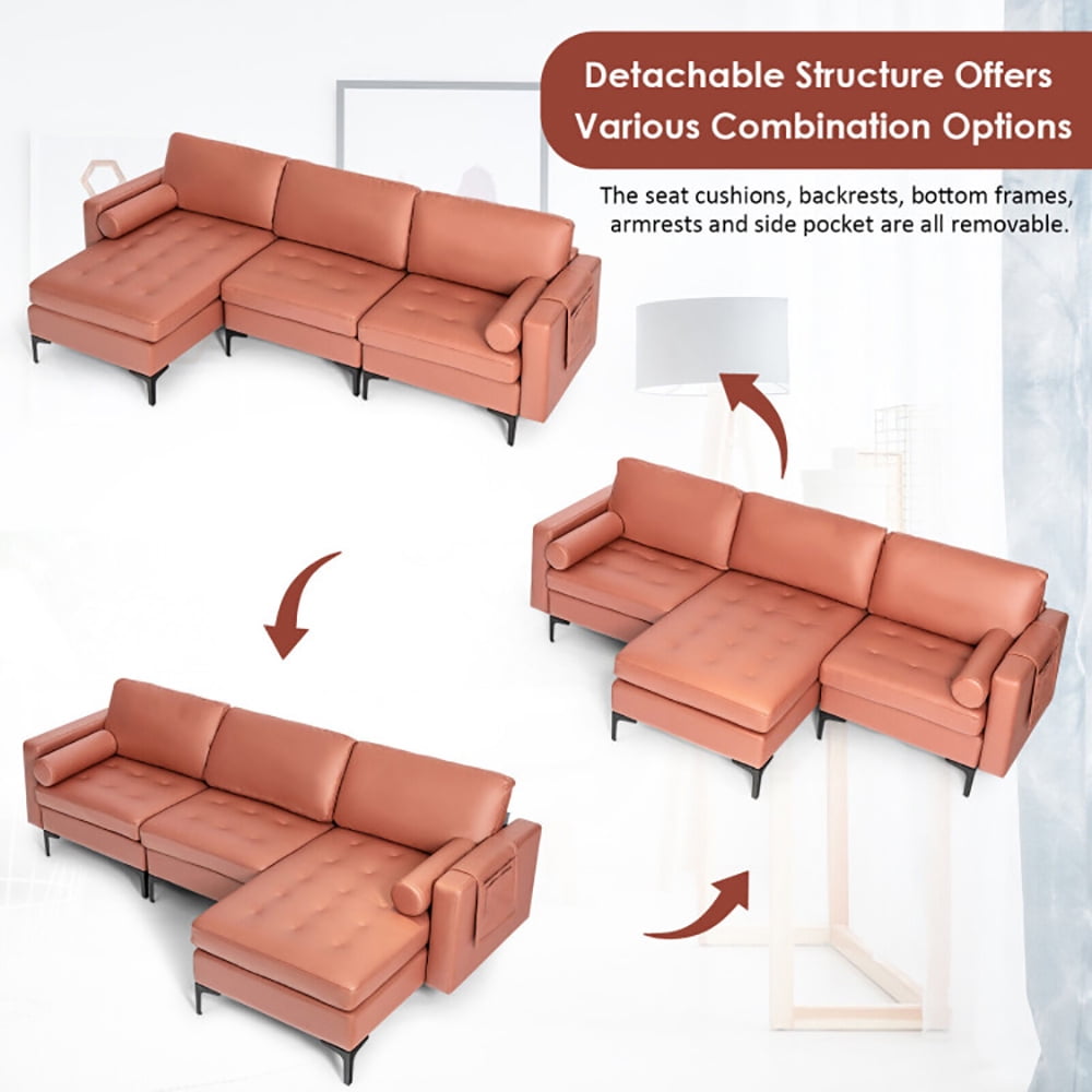 Finihen L-shaped Sectional Sofa Couch, Modular L-shaped 3-Seat Sectional Sofa with Reversible Chaise and 2 USB Ports, for Living Room, Pink Finihen L-shaped Sectional Sofa Couch, Modular L-shaped 3-Seat Sectional Sofa with Reversible Chaise and 2 USB Ports, for Living Room, Pink