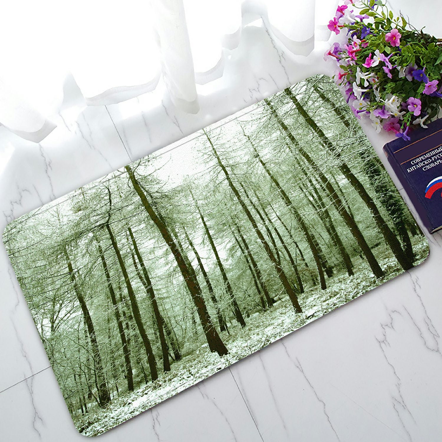 PHFZK Nature Doormat, Winter Scene Snow Tree Trunks Forest Landscape Doormat Outdoors/Indoor