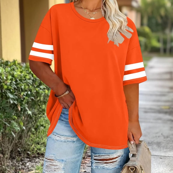 Maqroz Women's Crew Neck Plus Size Striped Short Sleeve T-Shirt Casual Loose Athletic Top Cotton Blend Soft Comfy Summer Sporty Daily Wear