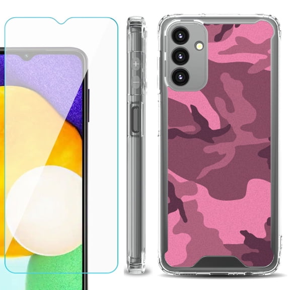 Shockproof Bumper Phone Case for Samsung Galaxy A13 5G, with Tempered Glass Screen Protector, by OneToughShield ® - Camo Pink