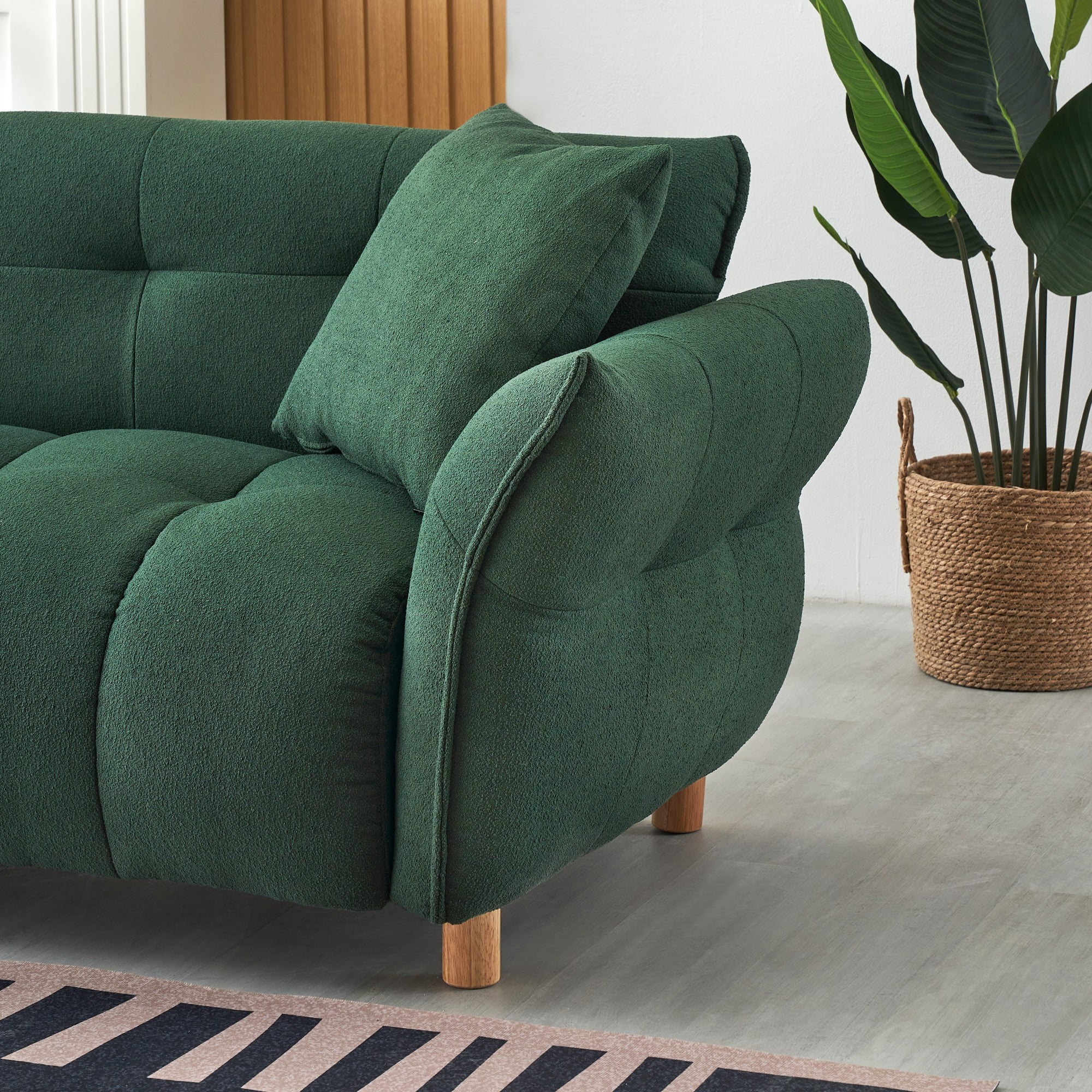 93" Sofa Couch for Living Room,Teddy Upholstered Sofa,3 Seater Couch with 2 Pillows for Apartment,Bedroom,Office,Green
