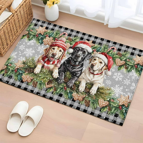 Christmas Dog Bathroom Rug Washable 2x3 Entryway Rug Non Slip Winter Xmas Gingerbread Snowflakes Grey Front Door Mat Low Pile Indoor Doormat Throw Floor Carpet for Kitchen Bedroom Entrance