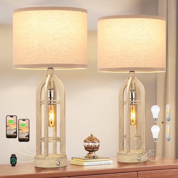 NiteLoom Farmhouse Table Lamp Set of 2 with USB C A & AC Outlet, Touch Control 3 Way Dimmable White Bedside Nightstand Light for Bedroom, Living Room, Dorm, Office
