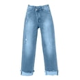 thumbnail image 5 of Women's Irregular Waistband Denim Jeans, Elastic Stretch Retro Streetwear Straight Leg Pants, Casual Distressed Jeans for Women, Unisex Baggy Trousers Sky Blue M, 5 of 5