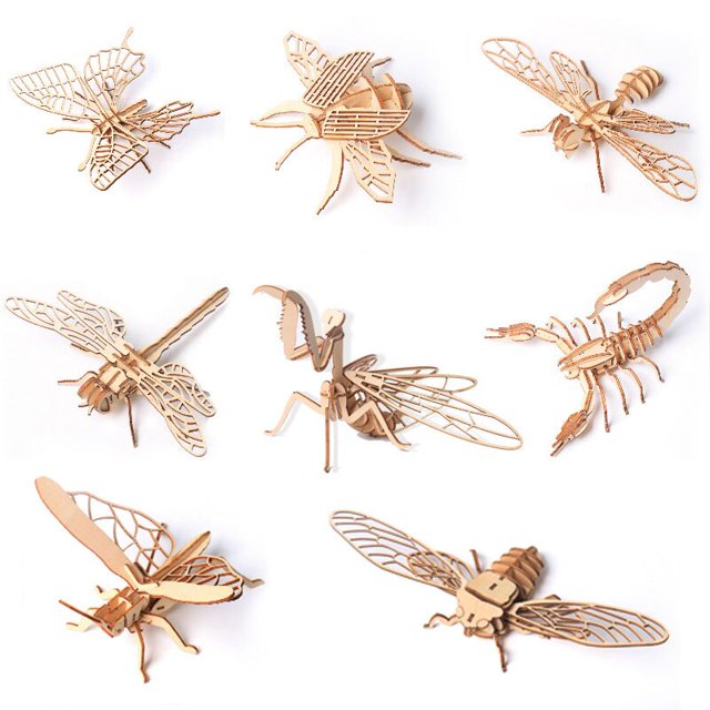 Toy Montessori 3D Wooden Puzzle Insect Animal Handmade Educational Assembly Toys Assembly Kit DIY Jigsaw Board for Children heqiyong LED