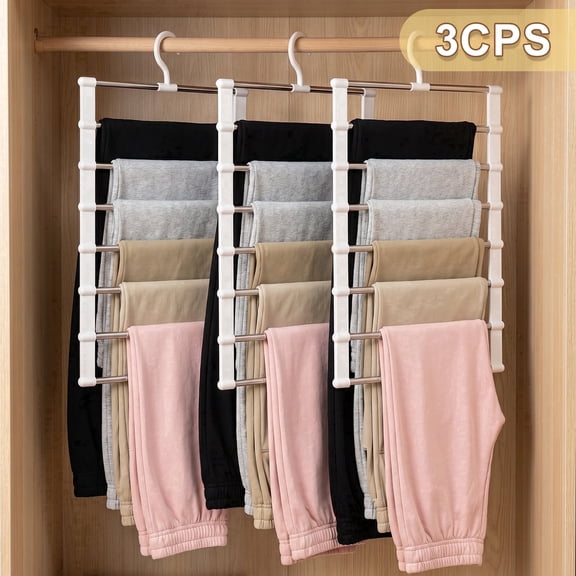 3pcs Multi Layer Stainless Steel Pants Hanger Space Saving Wardrobe Organizer Non Slip Stackable Hanger for Pants Jeans Scarves Trousers Closet Storage Organization