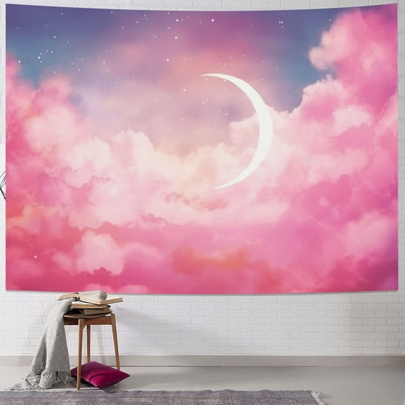PRATYUS Pink Sky Tapestry Fantasy Cute Pink Cloud and Moon Wall Hanging Colorful Aesthetic Nature Landscape Tapestries Wall Blanket for Bedroom Living Room Girl Teen Dorm Party Deco 40x30inch