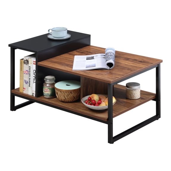 HOMOOI Small Coffee Table with Storage Shelves for Living Room, 31.5", Walnut/Black, Rectangle