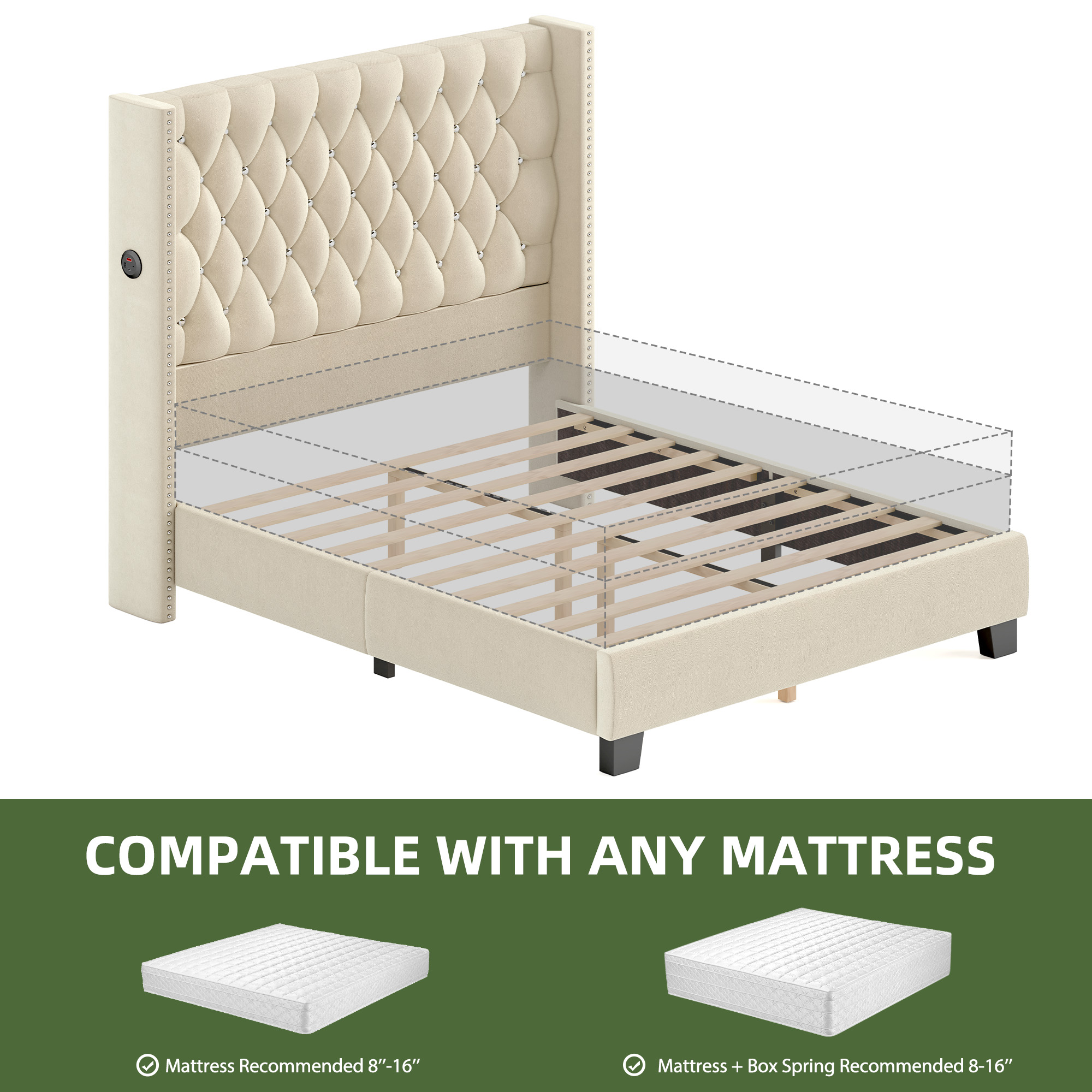 Uforic Queen Wingback Bed Frame with 58" Tall Headboard and USB Charging Stations, Tufted Velvet Upholstered Platform Bed, Easy Assembly, Beige