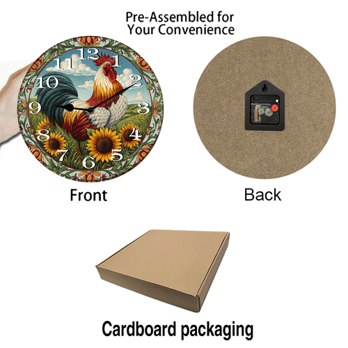 Kurmntregon Cute Rooster Wall Clock Chicken Kitchen Wooden Clock For Living Room, Battery Operated Easy To Read Bedroom, Bathroom And Kitchen Housewarming Seasonal Round 10"