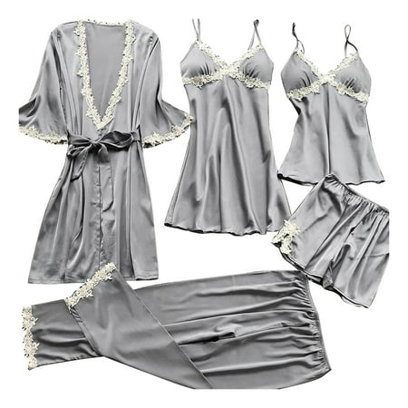 

KDDYLITQ Women Pajama Set with Robe Sleepwear Loungewear Soft 5 Piece PJ Sets Cami Top and Shorts Panty Chemise Gray XL