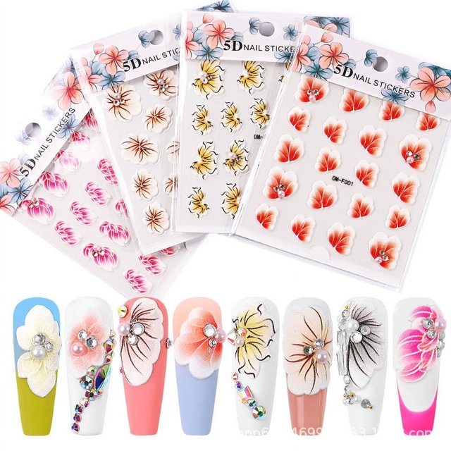 Pegatinas 5D para decoración de uñas, 4 hojas de calcomanías estereoscópicas grabadas para uñas con flores para diseño artístico, nuevas decoraciones de moda para mujeres/niñas