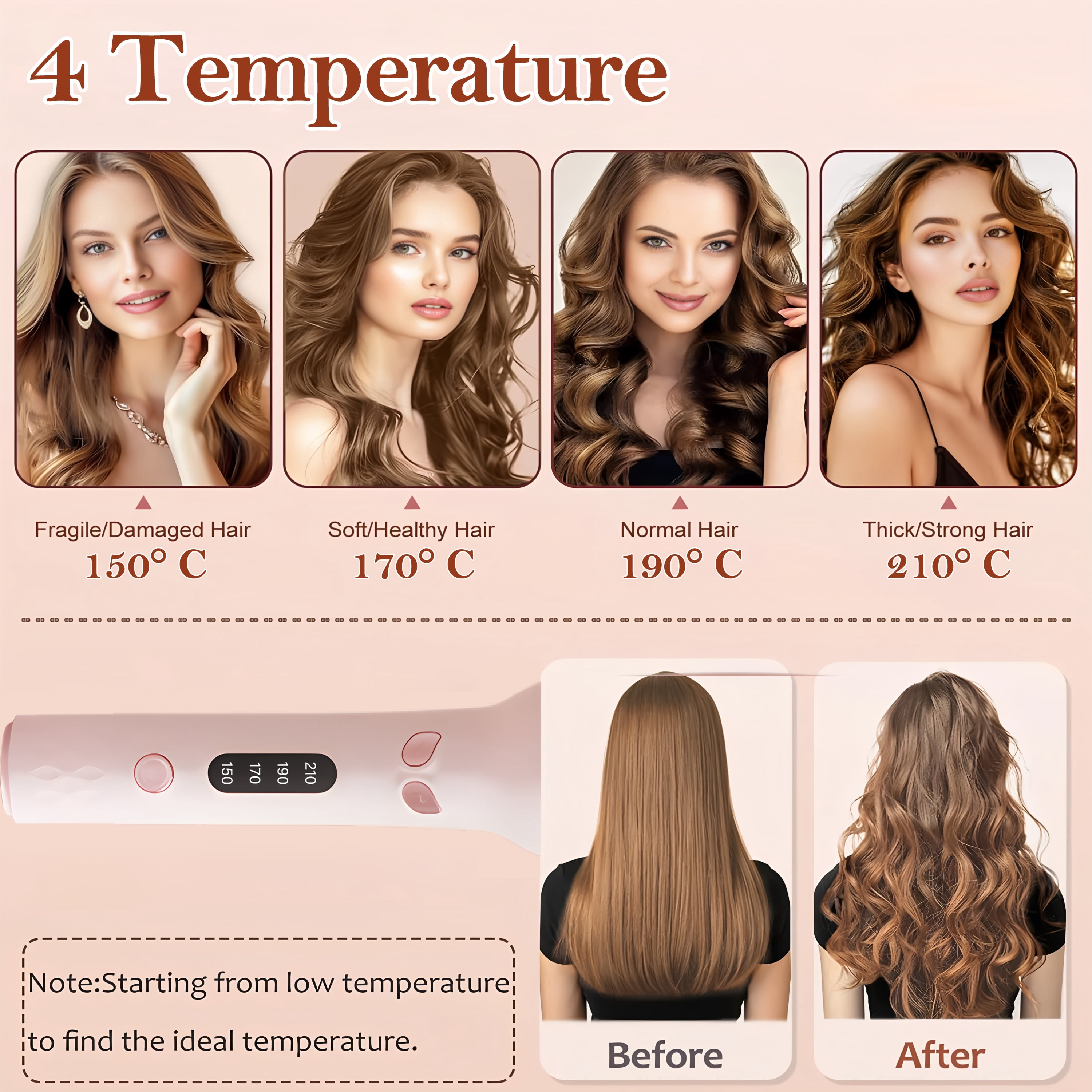 Moremore 1.10 in Automatic Curling Iron, Electric Curling Wand, Anti-Tangle Rotating Ceramic Hair Curler, Negative Ionic, Pink