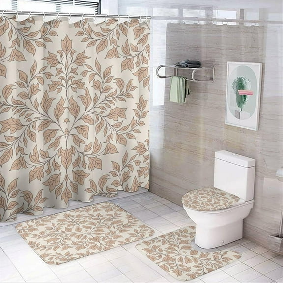 Shower Curtain Sets with Rugs, Beige and Brown Vintage Leaf Pattern Printed on Cute Shower Curtain Sets with Rugs, Perfect for Bathroom Hotel Dorm Spa Home, 72 x 72 inches
