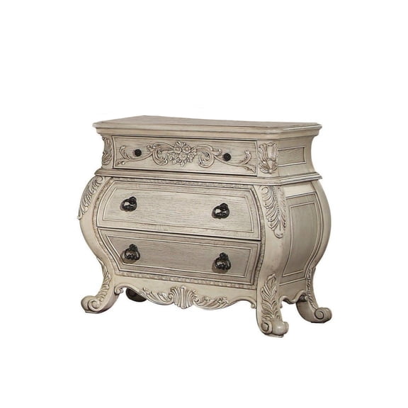 Three Drawer Wooden Nightstand With Scrolled Feet in Antique White