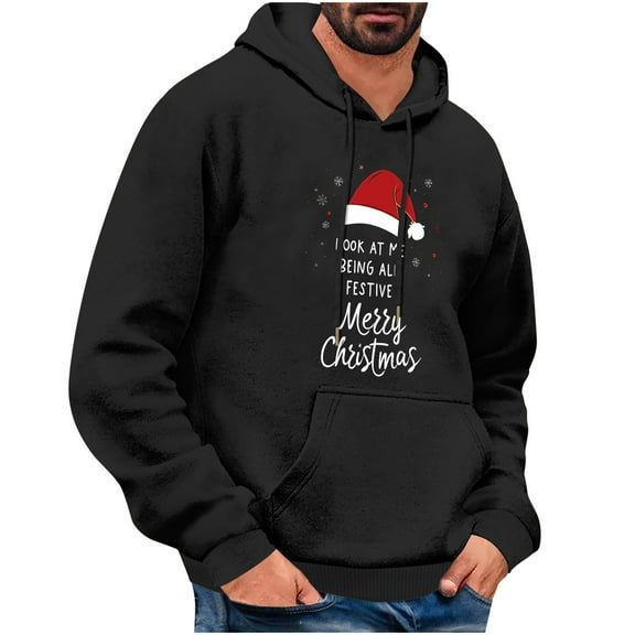TFEOQRY Men's Christmas Sweatshirt Pullover Christmas Hat Printed Drawstring Hoodies Top Hooded Long Sleeved Sweatshirt Black
