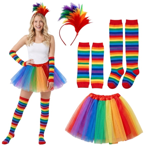 Forfamy 6 Pcs Rainbow Accessories Set Rainbow Costume for Women Pride Skirt Rainbow Tutu Skirt Headband Socks LGBTQ Gay Pride Accessories Rainbow Outfits