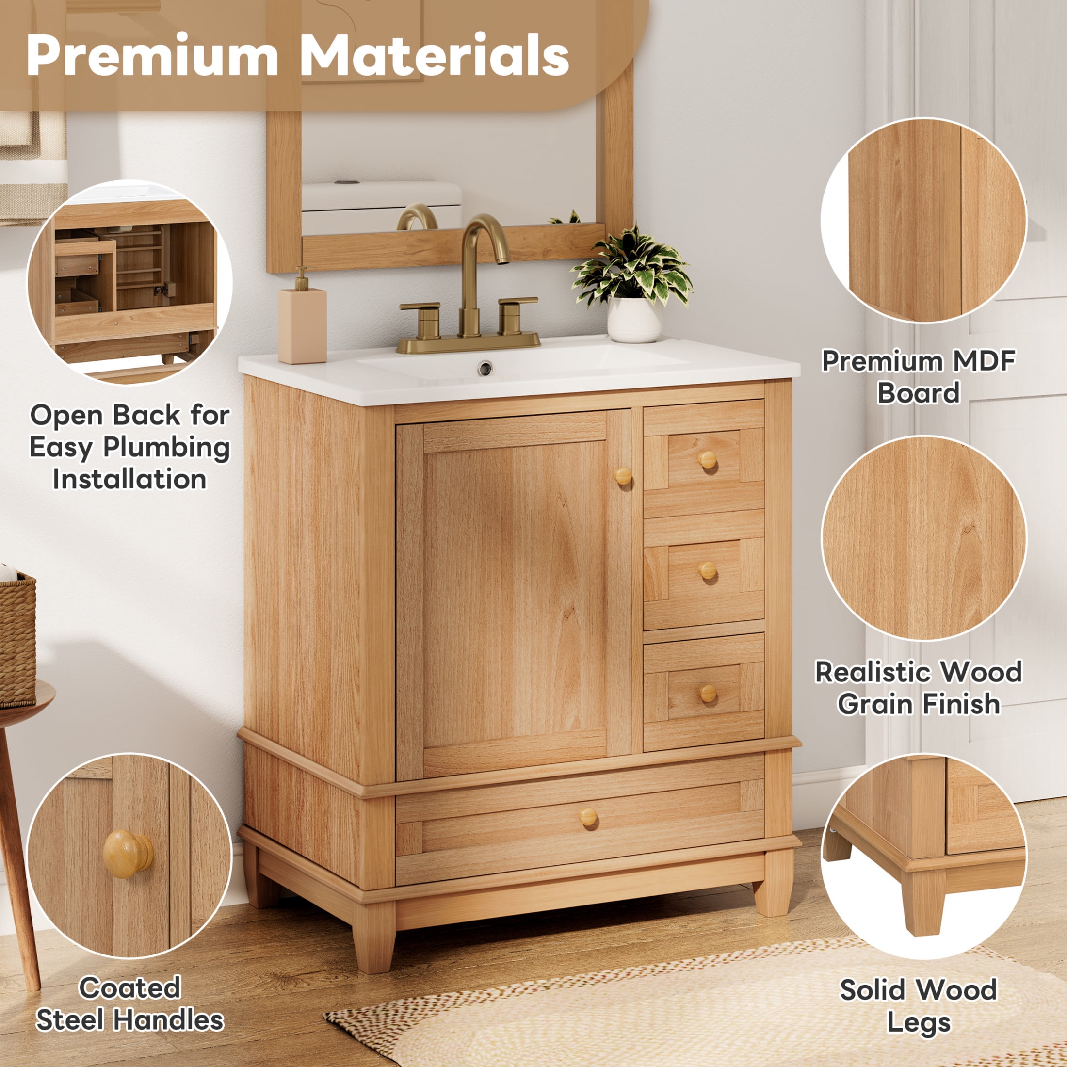 Christopher Knight Home 30" Bathroom Vanity with Ceramic Sink, Soft-Close Door and 3 Drawers, Natural Wood