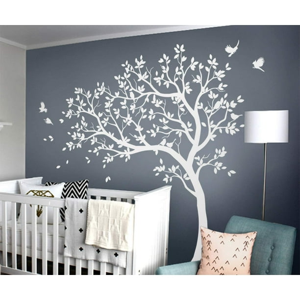 Tayyakoushi White Tree Wall Decals Large Nursery With Birds Stunning Mural Removable Vinyl Sticker 85x85 8 Com - Nursery Tree Wall Decal With Shelves