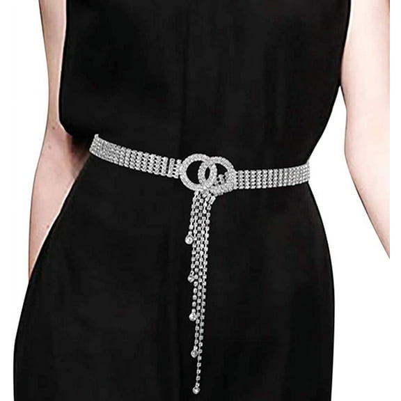 Designice Crystal Belts for Women Dress,Rhinestone Waist Belt Dual Ringlike Chain Gift for Friends
