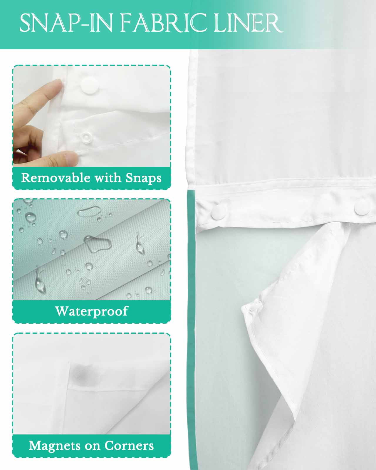 No Hook Shower Curtain with Snap in Liner, Ombre Abstract Gradient Teal Turquoise Hotel Shower Curtains for Bathroom, Washable Shower Curtain Liner Set with Mesh Top Window, 54"x78"
