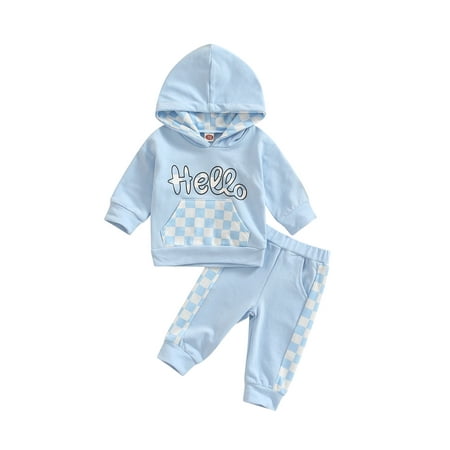 

Diconna Girls Boys Fashion Clothes Set 2 Pieces Suit Letter Plaid Printed Pullovers Tops+Pants Kids Sets Baby Clothes Blue 0-6 Months