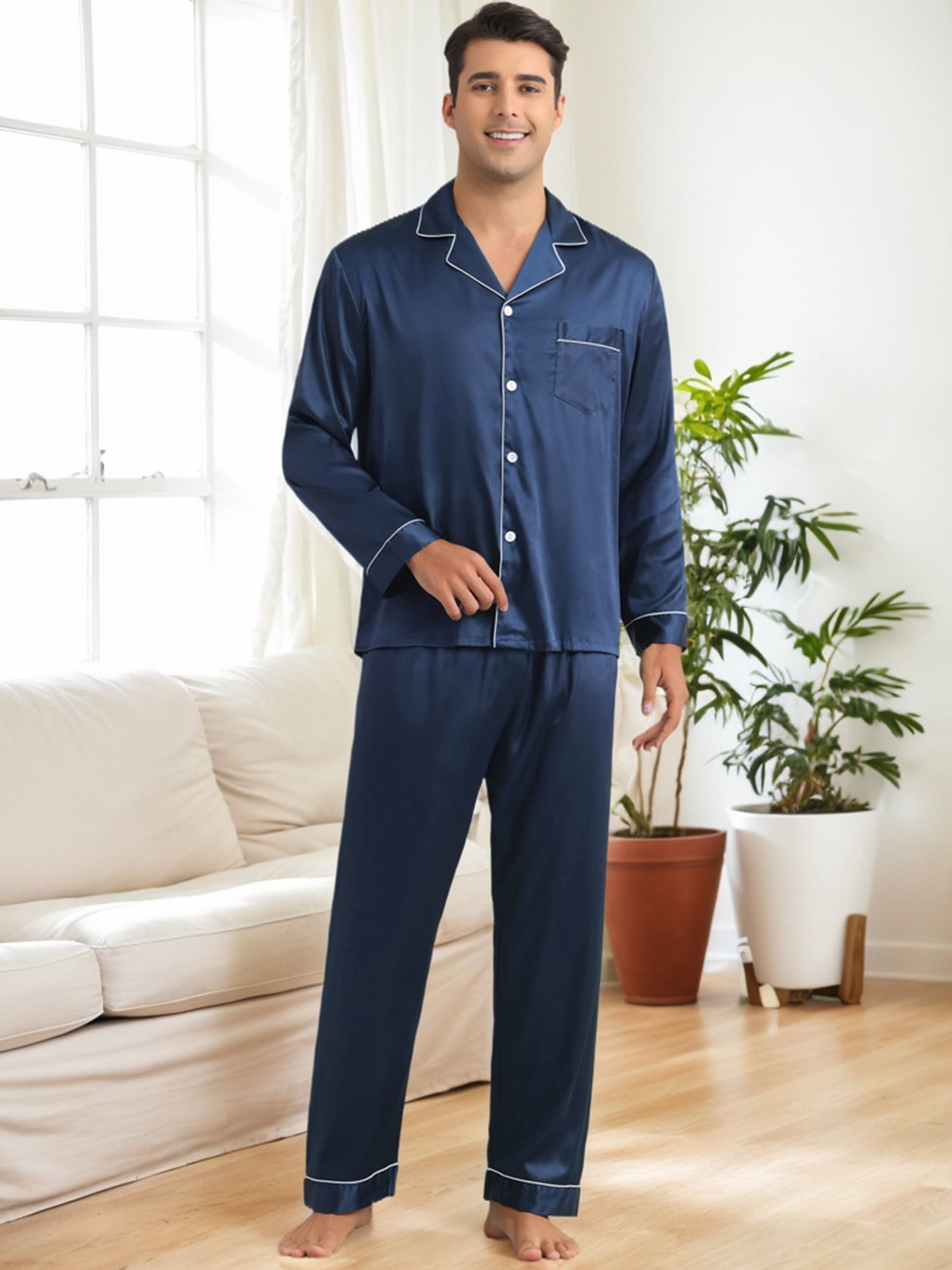 DARING DIVA Men's 2-Piece Homewear Button Down Long Sleeve Shirt L Navy Blue